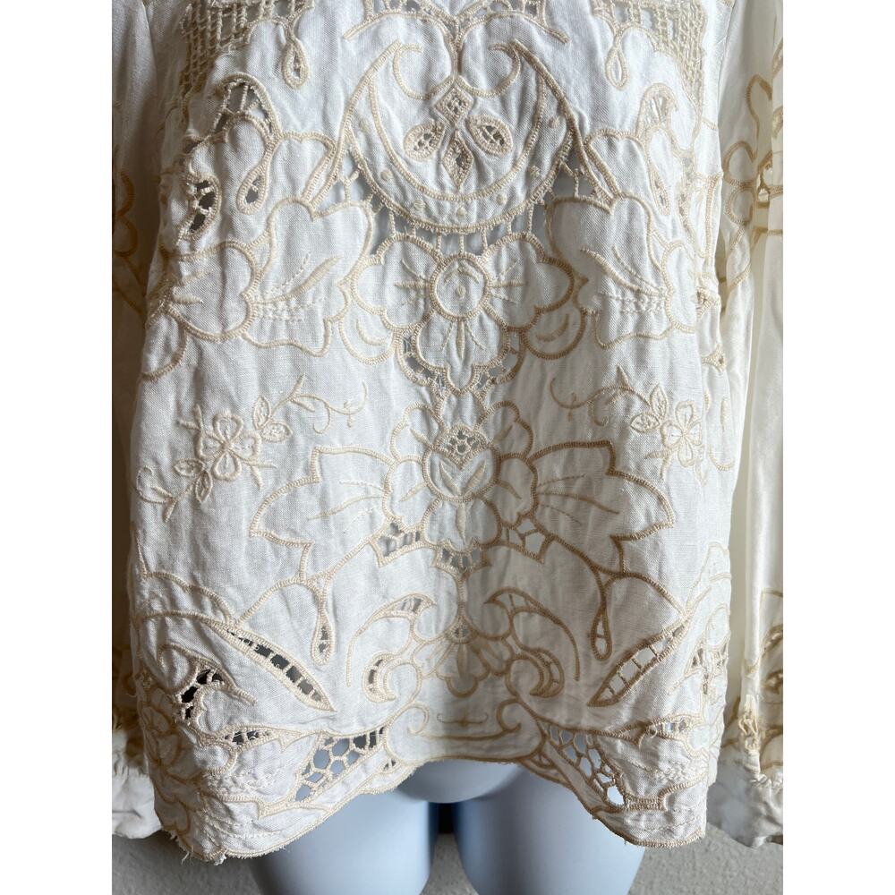 Anthropologie Lainie Cream Long Sleeve Lace Cutwork Blouse Women's Medium Linen - Picture 5 of 9